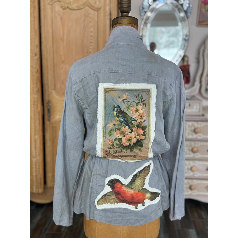 100% Linen Utility Jacket Size L – Drawstring Waist Bird Patch One of a‎ Kind - Picture 11 of 11